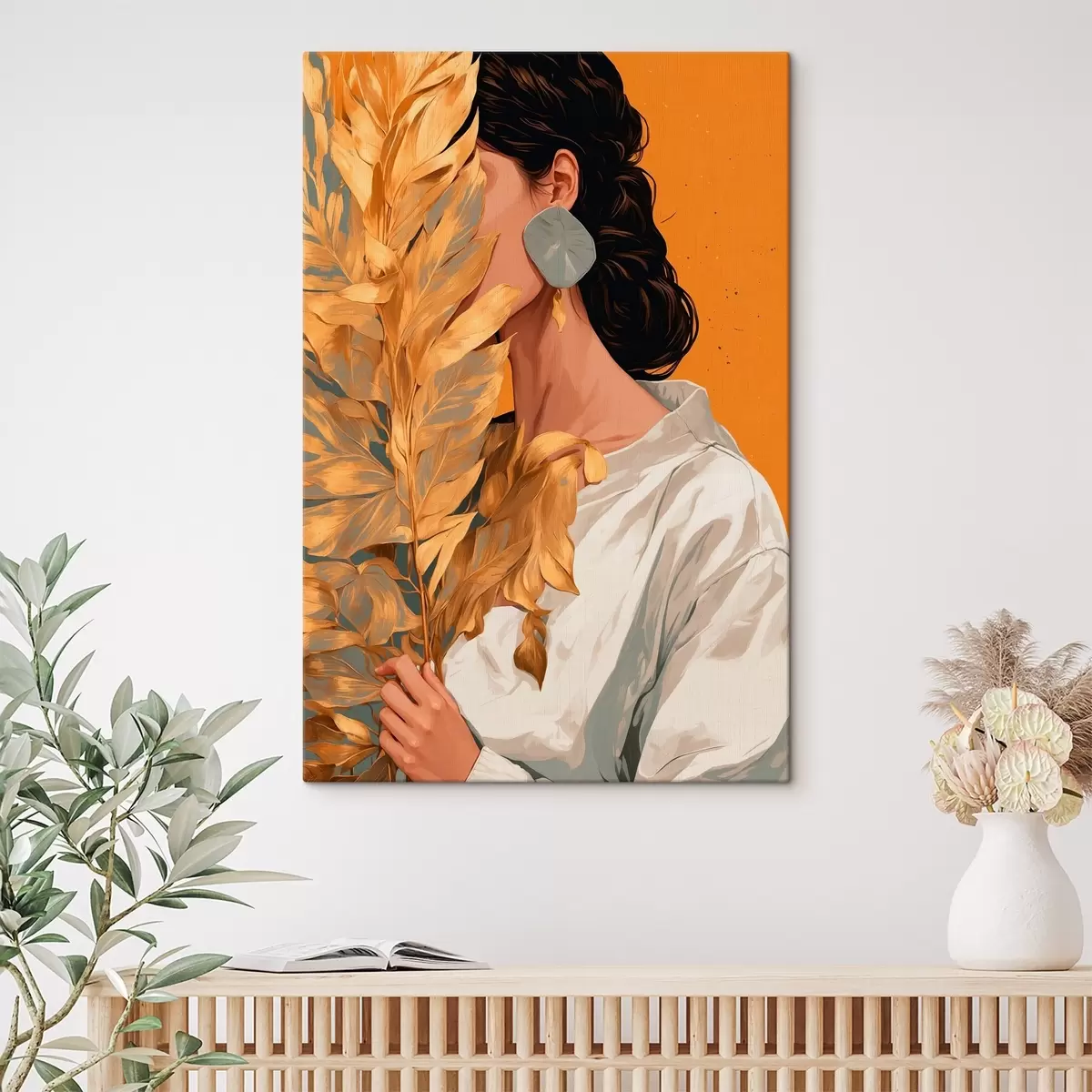 Wandbilder Mädchen mit tropischem Blatt s42765