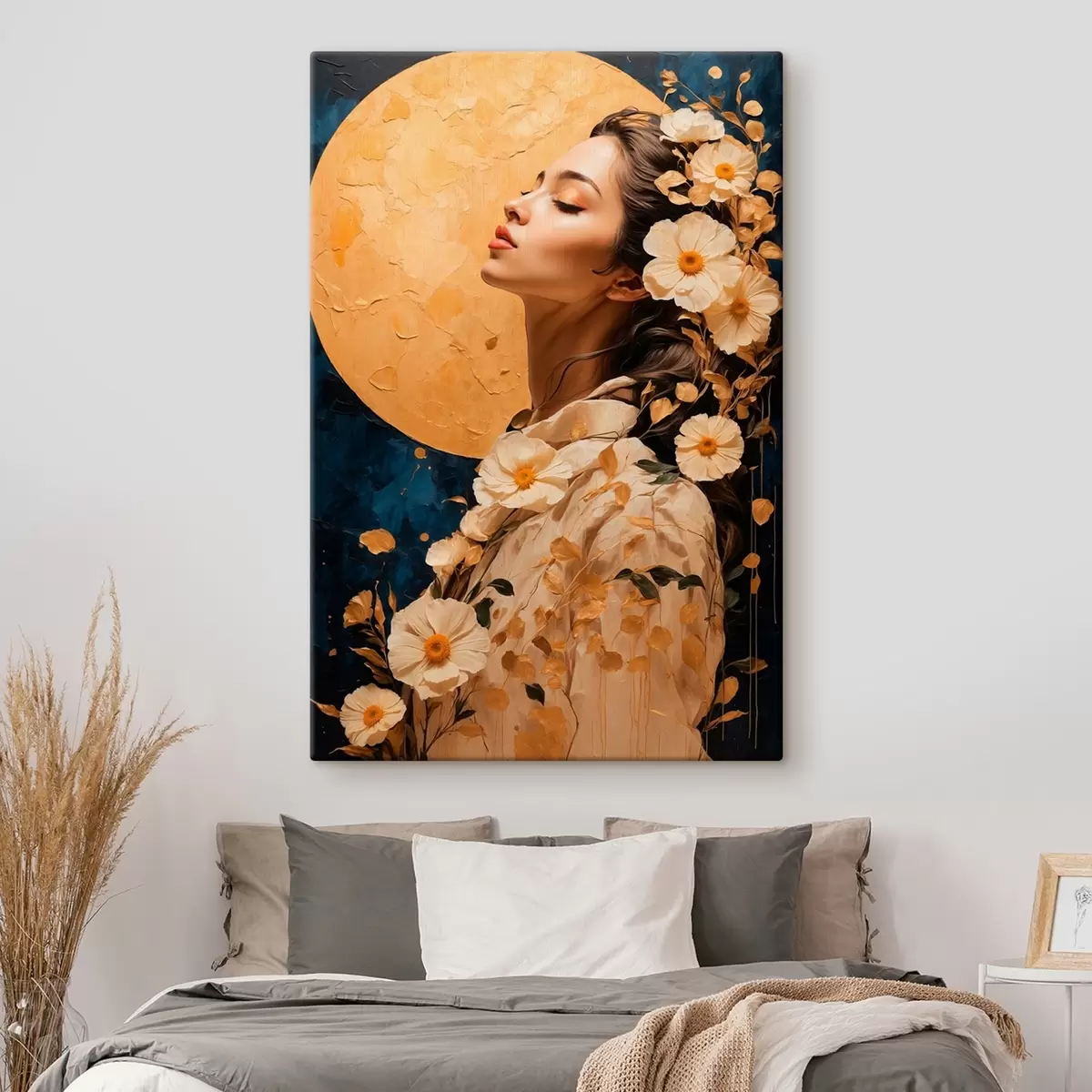 Wandbilder Mädchen mit Blumen vor dem Mond s42774