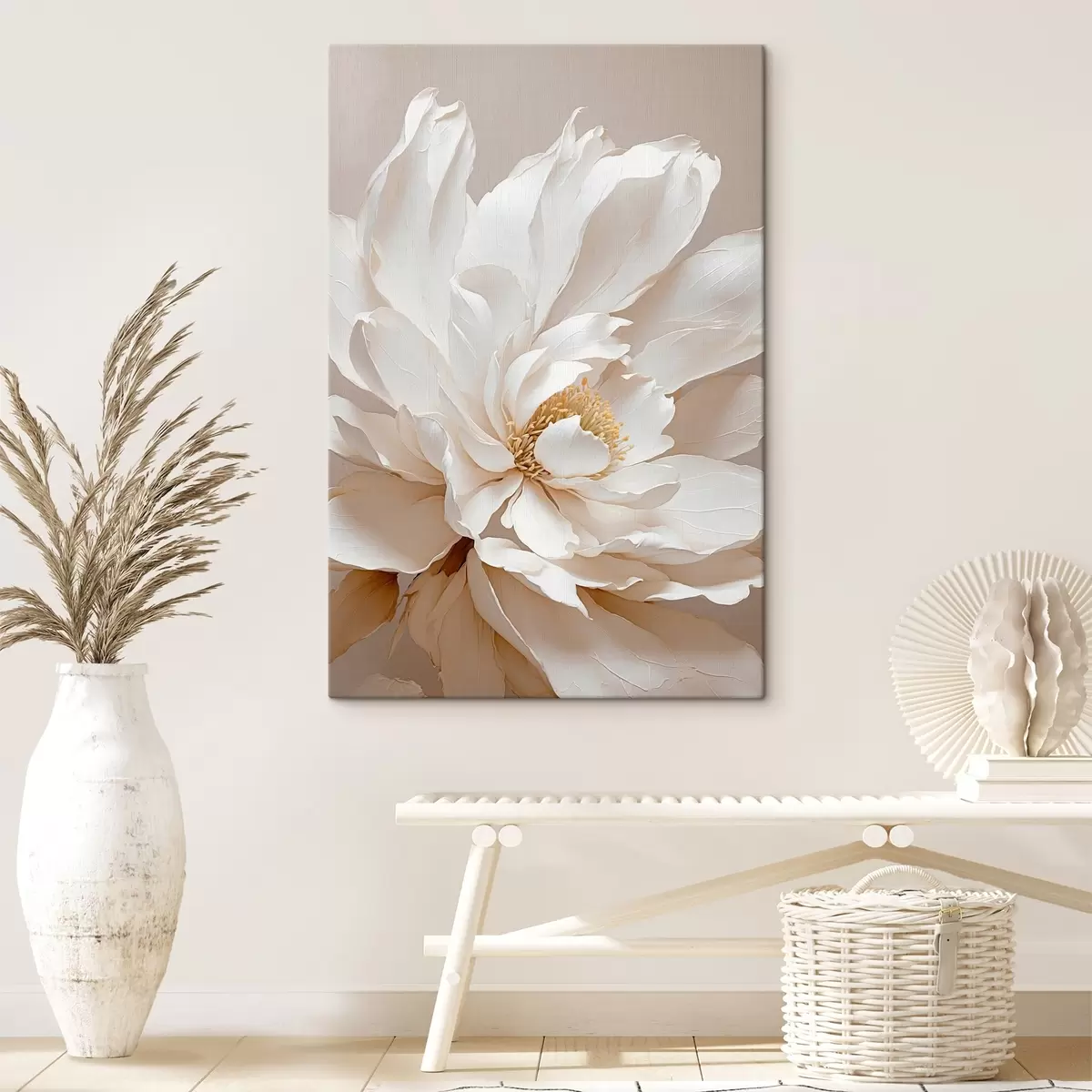 Wandbilder Weiße Blume auf beigem Hintergrund s42778