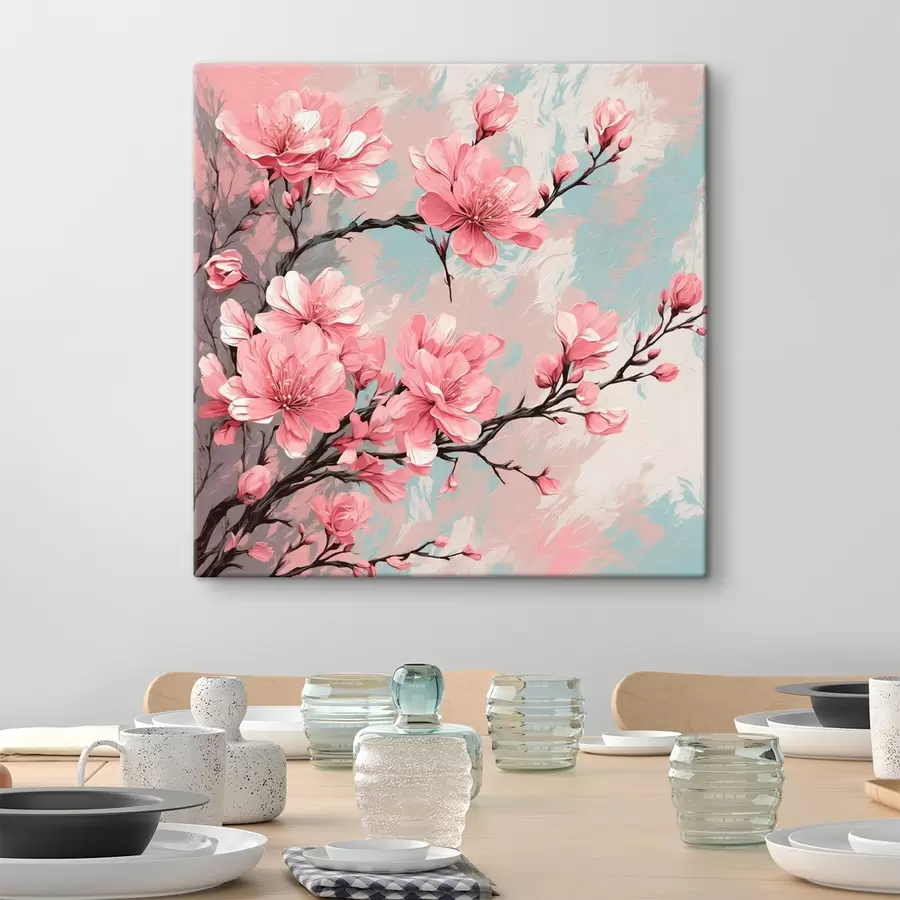 Wandbilder Rosa Blumen und Stängel in Acrylmalerei Stil s42918