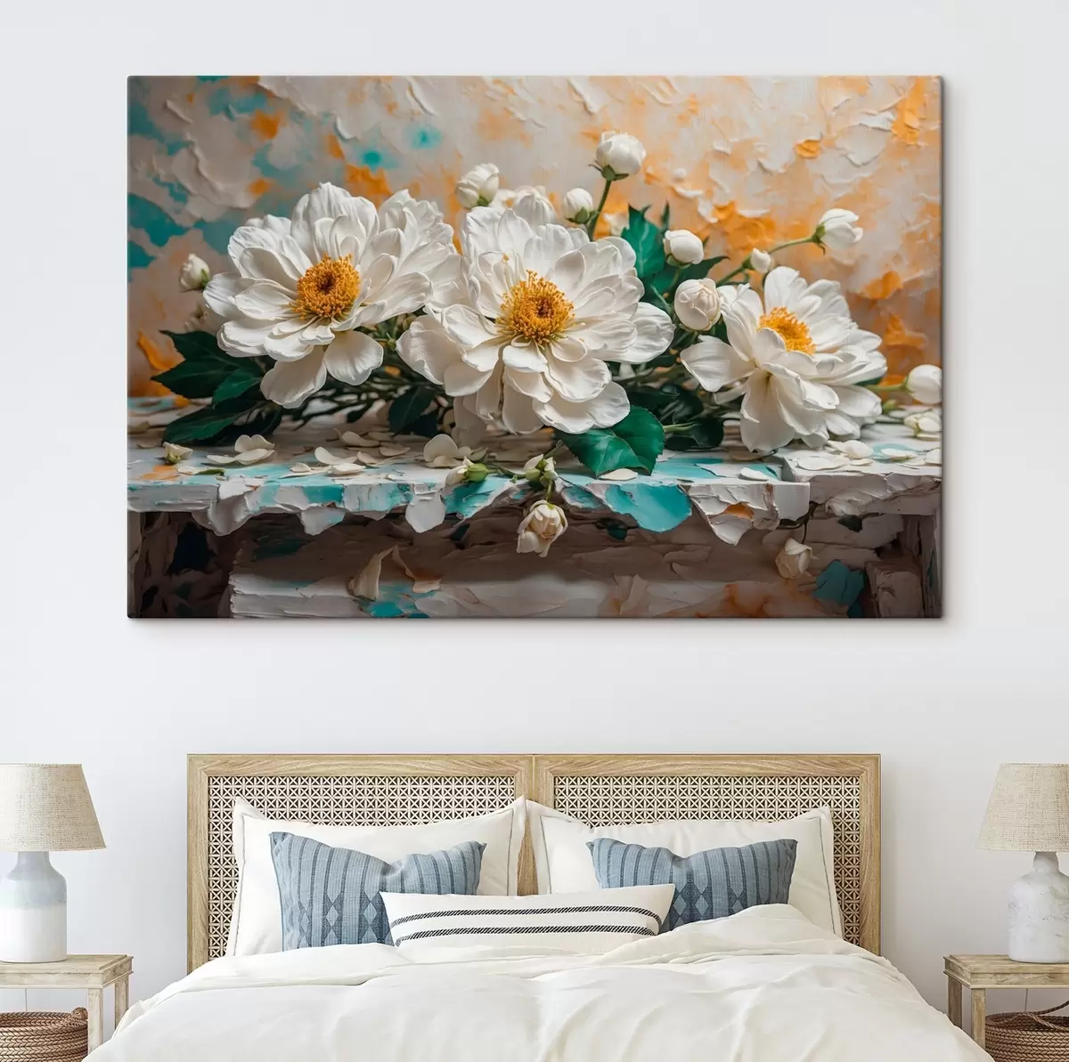 Wandbilder Weiße Blumen auf einem Tisch auf abstraktem Hintergrund s42924