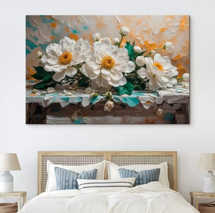 Wandbilder Weiße Blumen auf einem Tisch auf abstraktem Hintergrund s42924