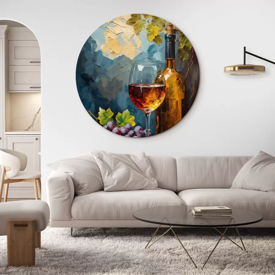 Wandbilder Grapscher, Gläser und Weinflasche auf abstraktem Acryl-Hintergrund r42772