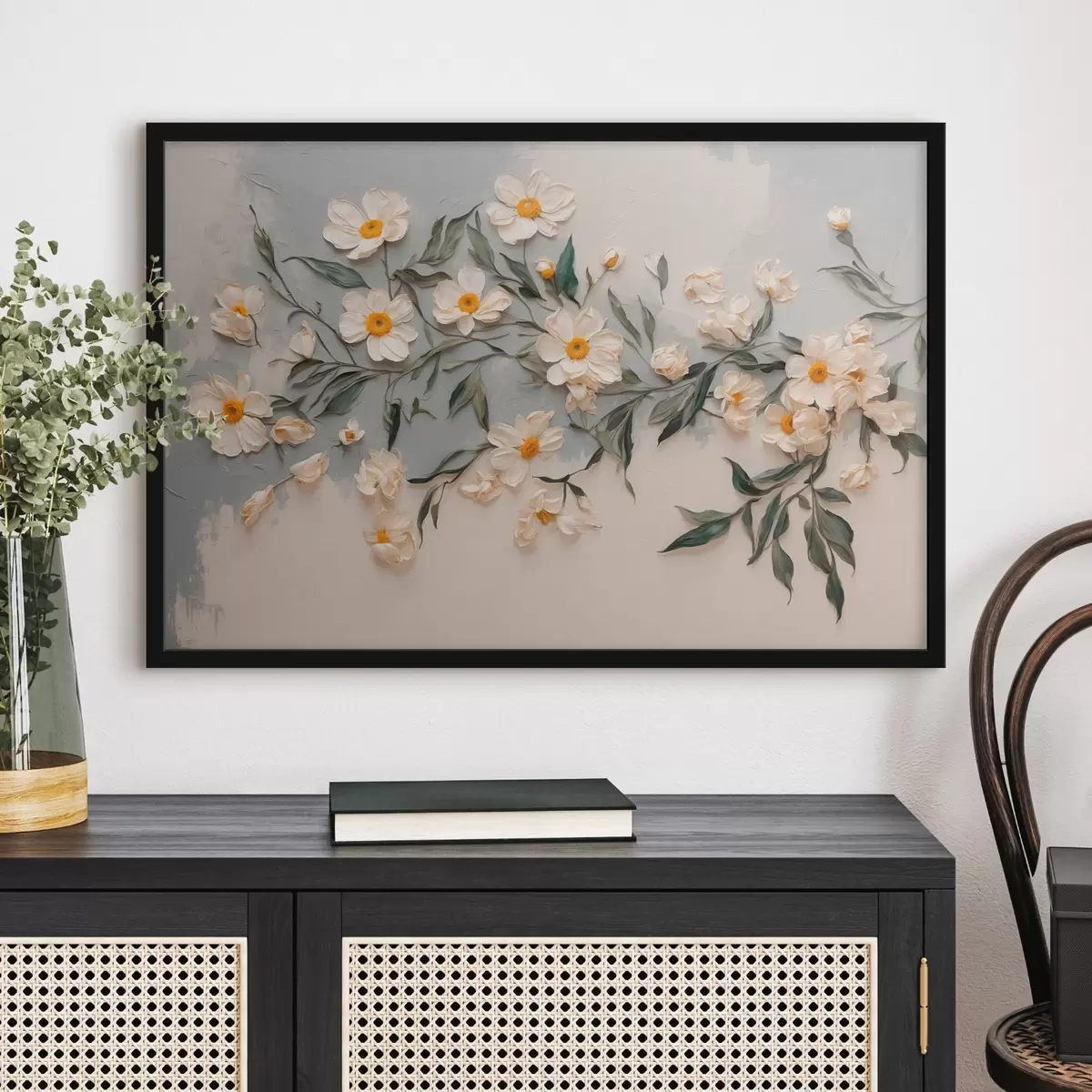 Poster Weißer Floweff und Leavef auf weißem und gfay Backgfound f42764