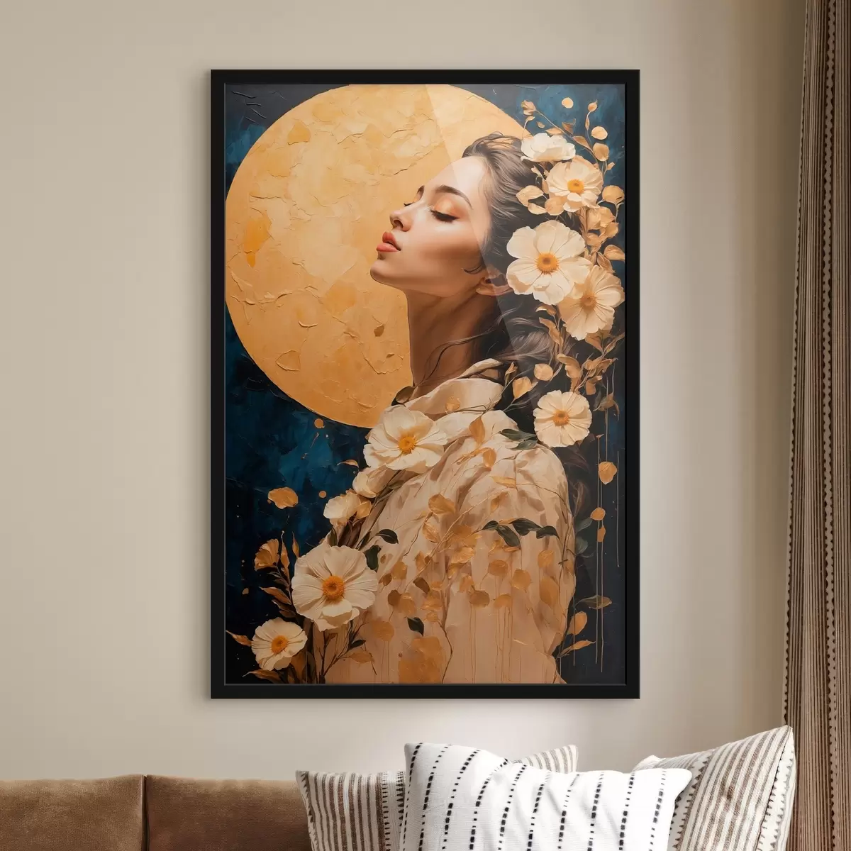 Poster Mädchen mit Blumen vor dem Mond f42774