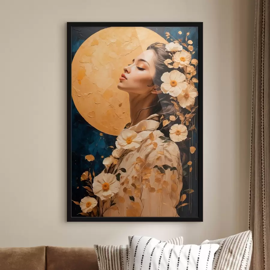 Fototapete Mädchen mit Blumen vor dem Mond f42774