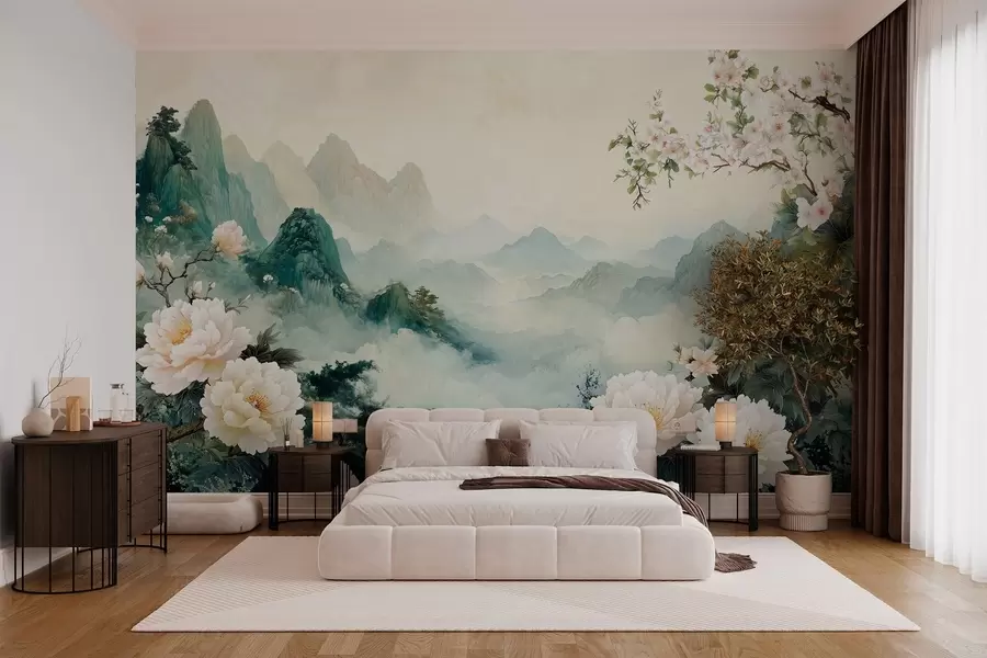 Fototapete landschaft mit Blumen und Hügeln im orientalischen Stil w03111