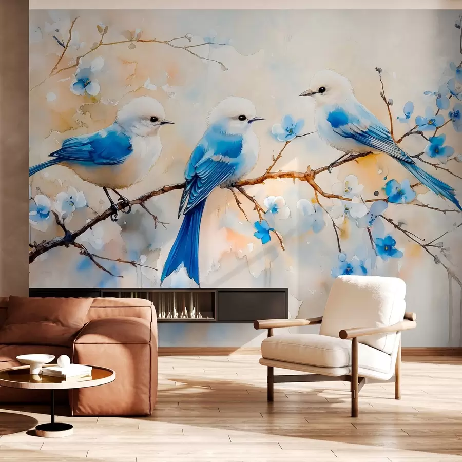 Fototapete frühling Singvögel auf einem Zweig in Aquarell-Stil w03112