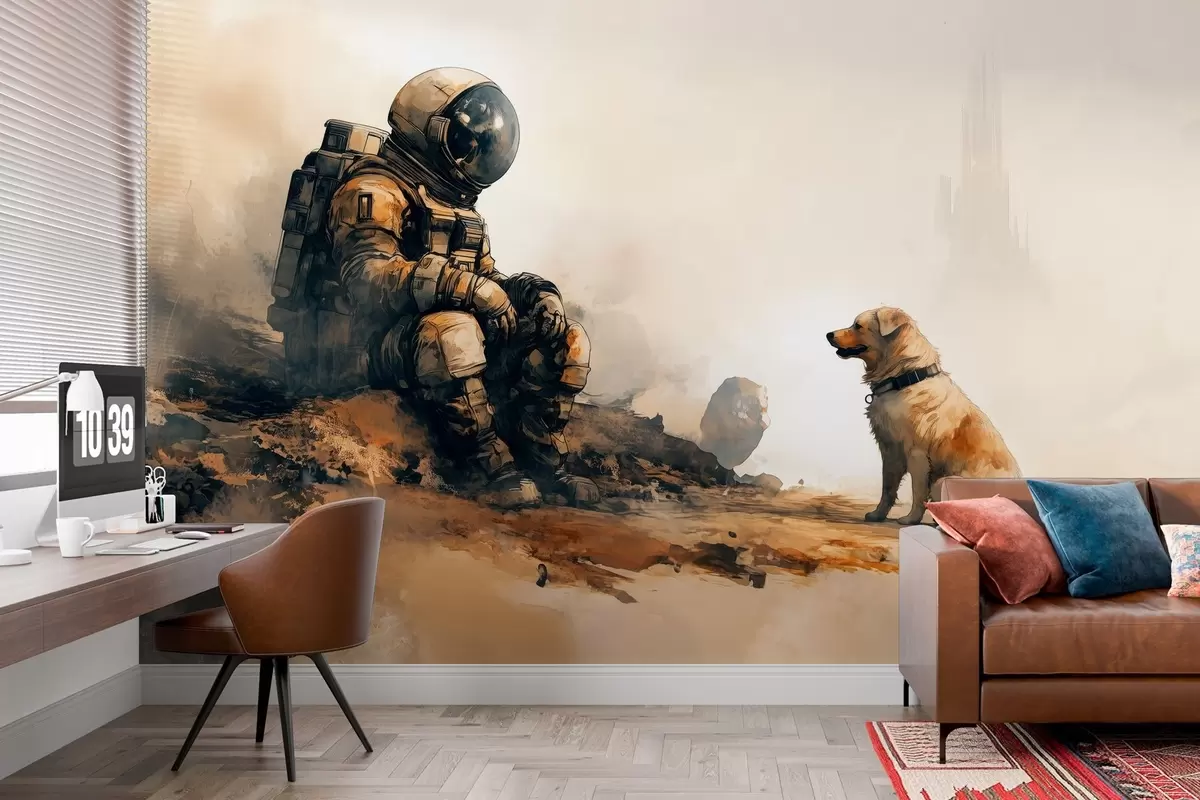 Fototapete post-apokalyptische Landschaft mit einem Astronauten und einem Hund w03115