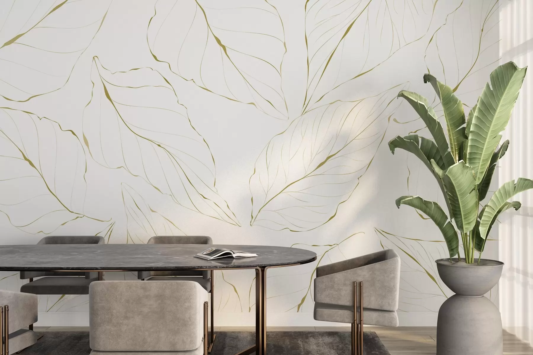 Fototapete Zarte Strichzeichnungen von Blättern auf hellem Hintergrund w03155