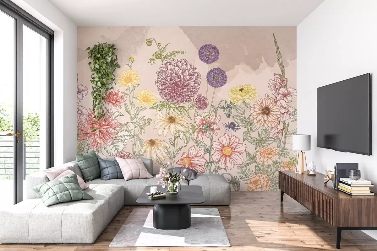 Fototapete Romantische botanische Illustration mit Wildblumen in Pastelltönen w03158