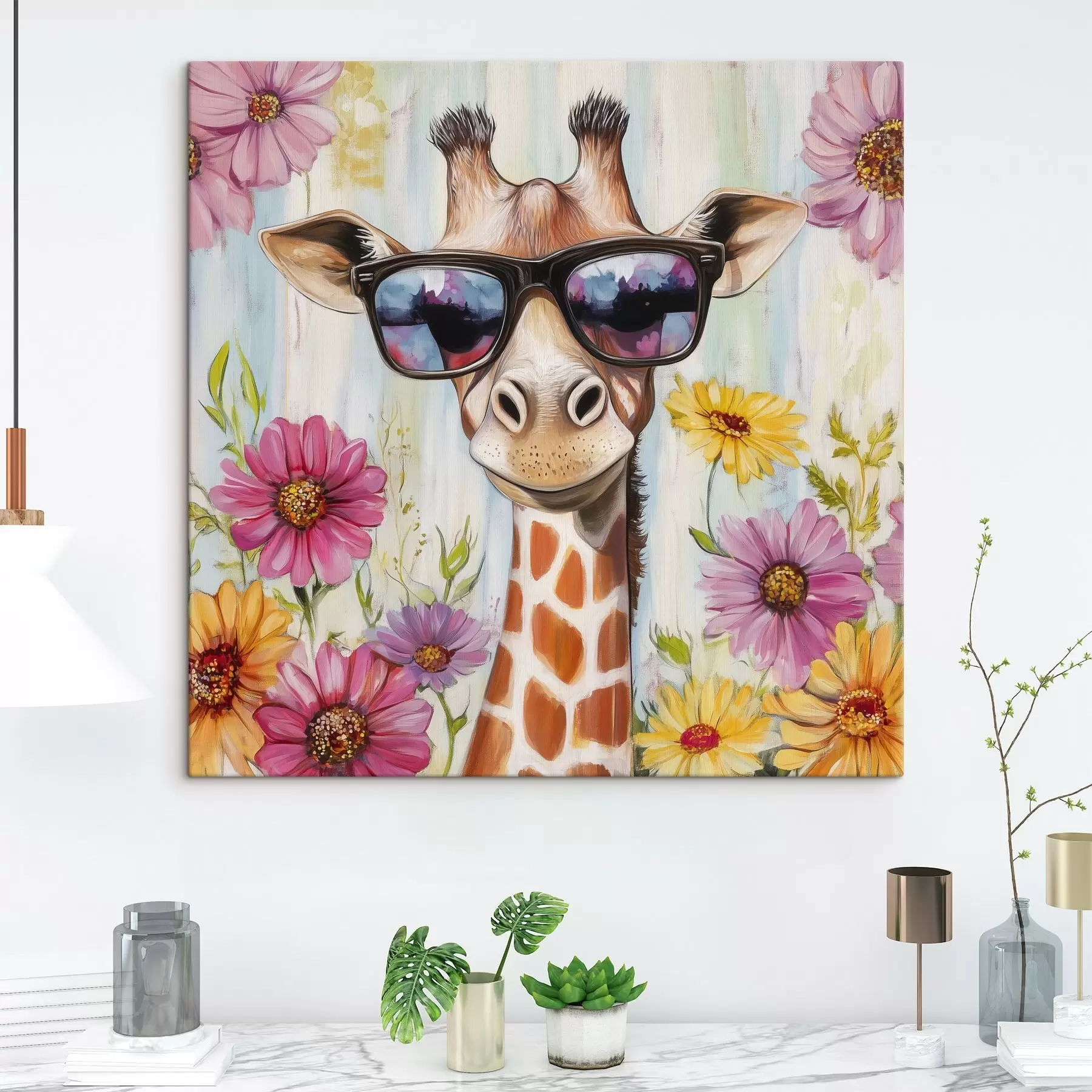 Fototapete Giraffe mit Brille in der Nähe von Blumen s42991
