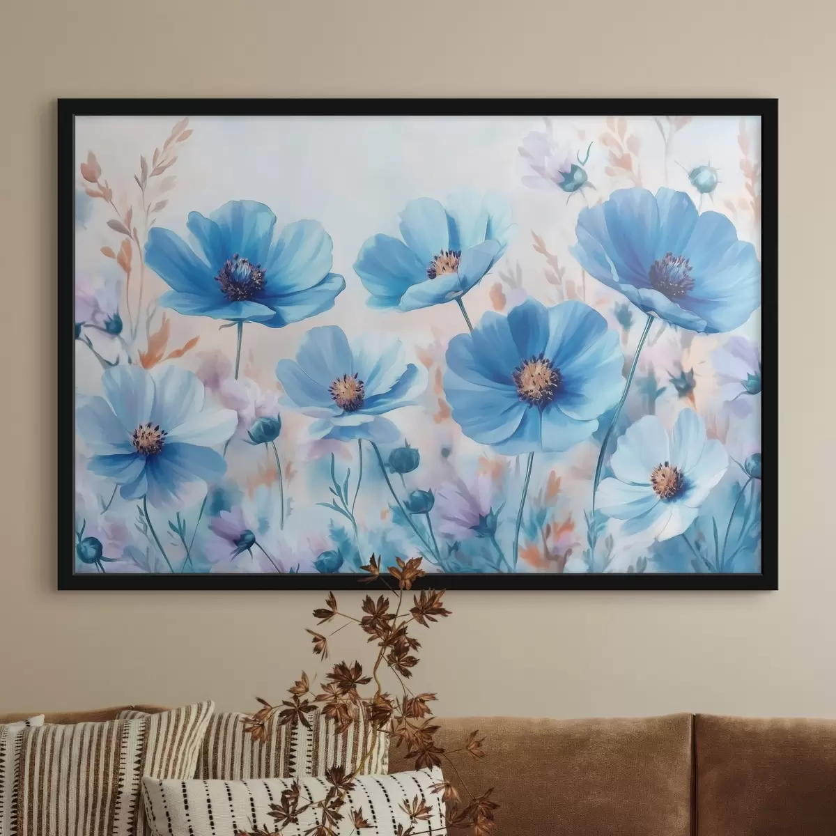 Poster Blaue Blumen auf blauem Hintergrund f42971