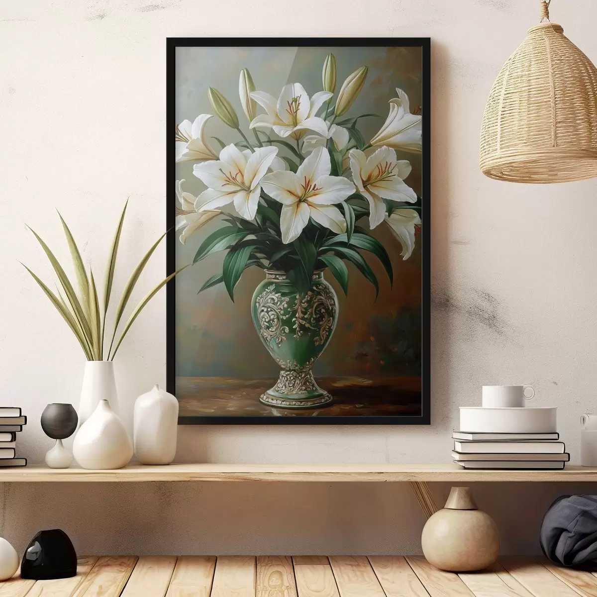 Poster Blumenstrauß aus weißen Lilien in einer Vase f42975
