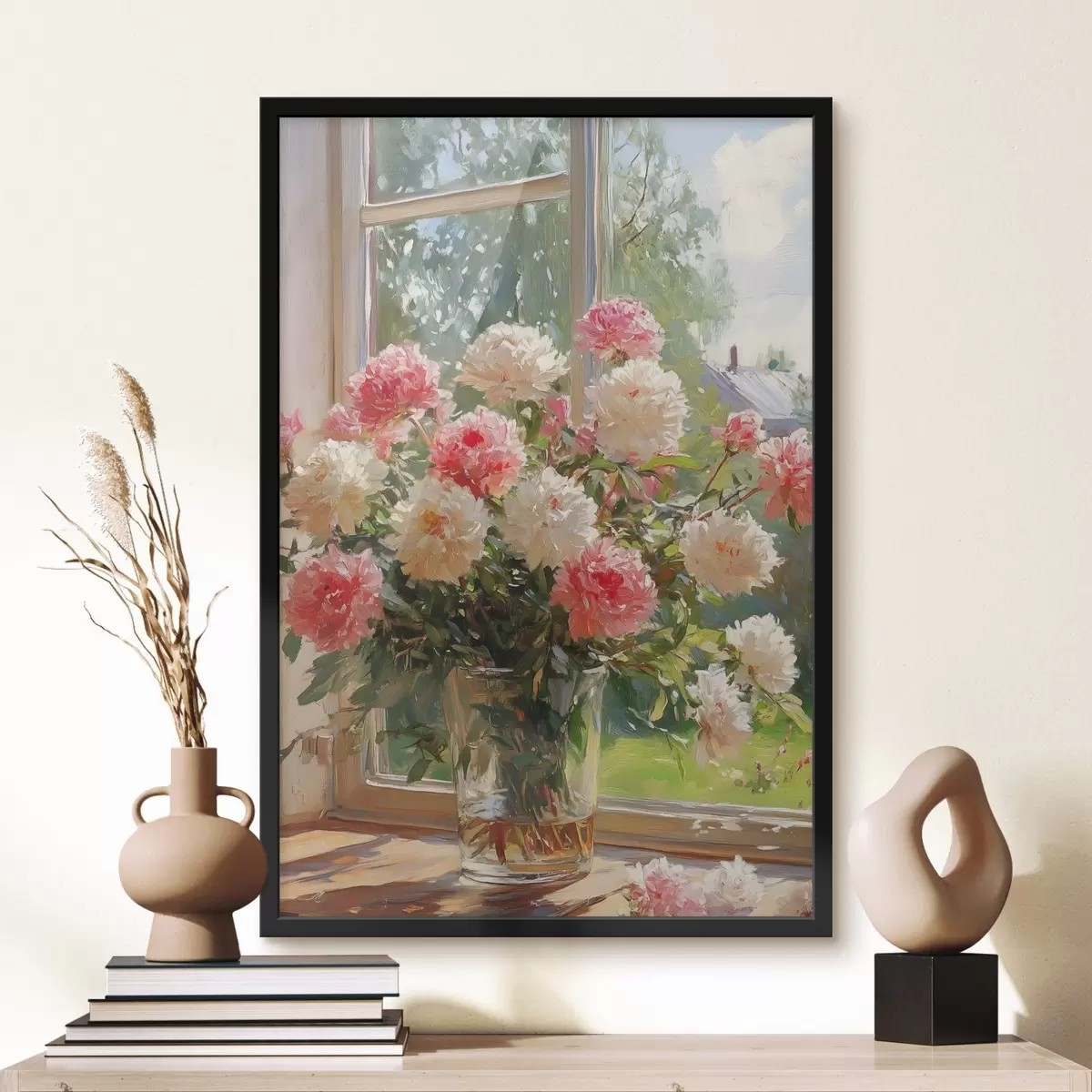 Poster Blumenstrauß am Fenster im Stil der Ölmalerei f42978