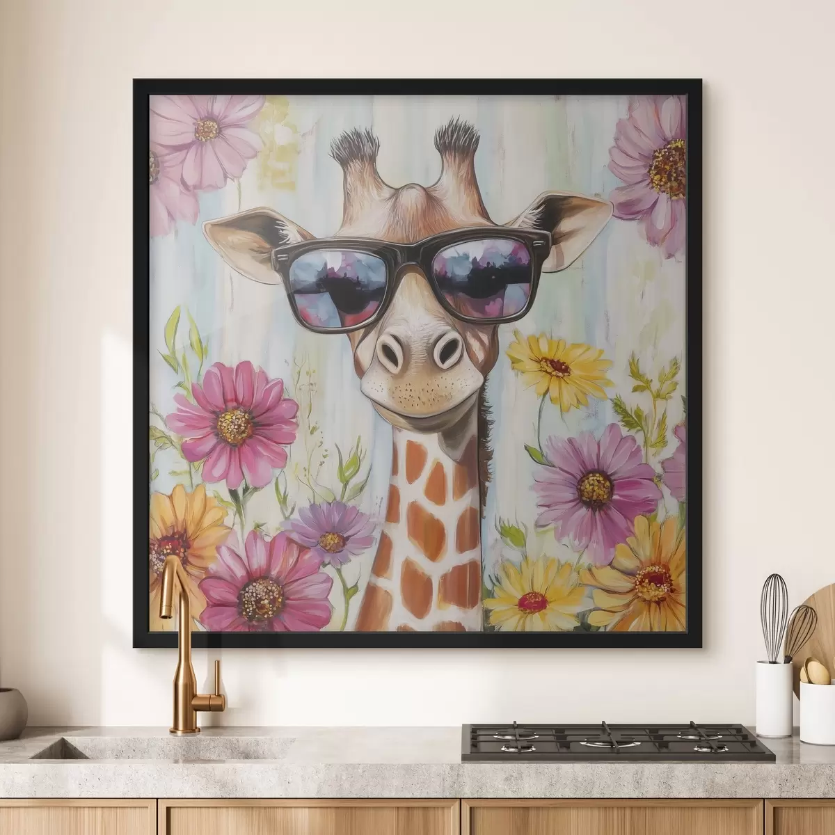 Poster Giraffe mit Brille in der Nähe von Blumen f42991