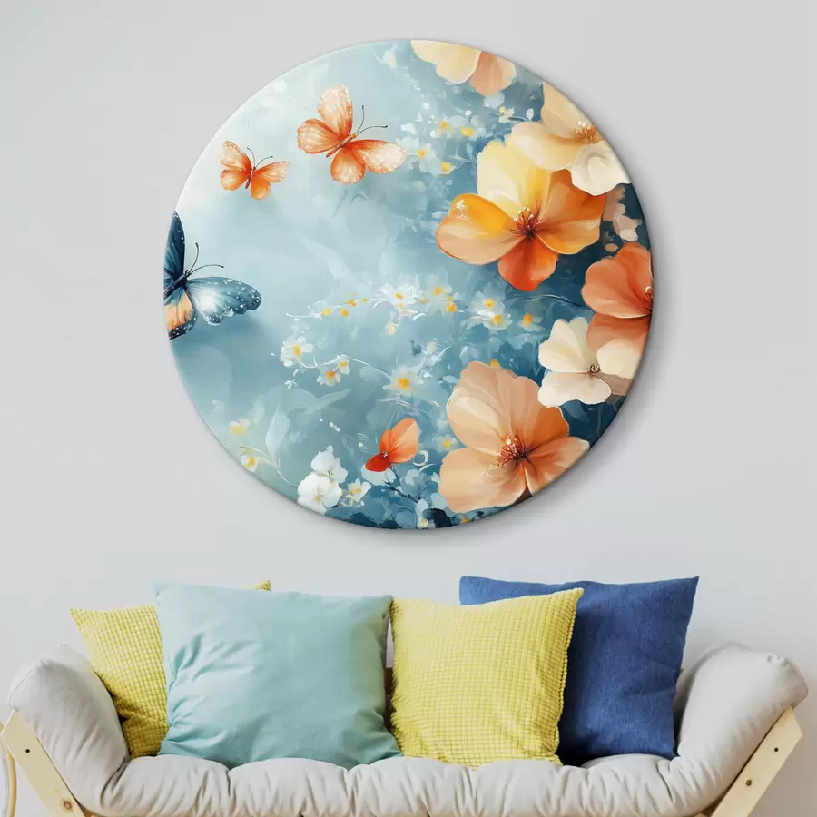 Wandbilder Orangefarbene Blumen und Schmetterlinge r42974