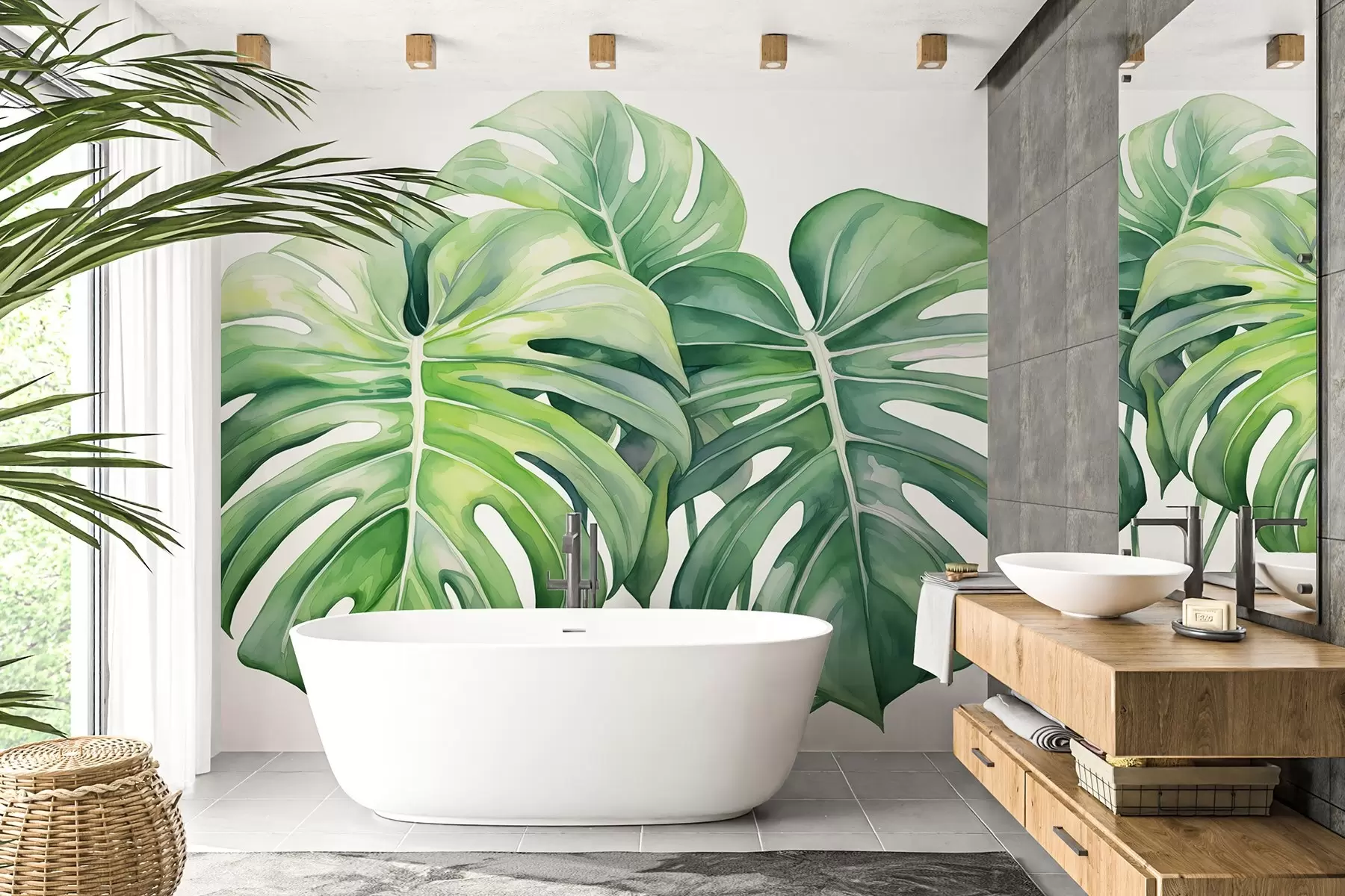 Fototapete Große monstera Blätter, tropische Pflanzen, Aquarell-Stil Zeichnung, grüne Farben w03151