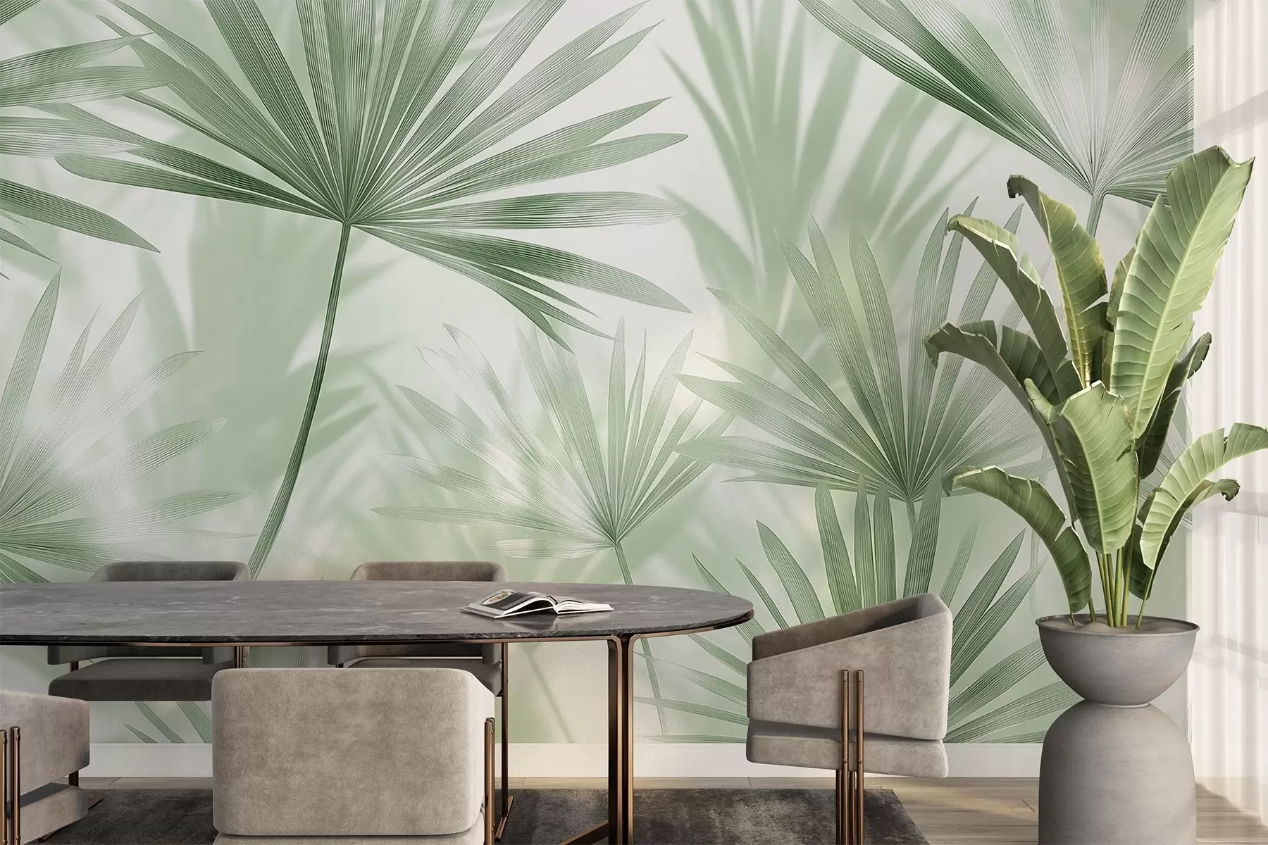 Fototapete Palmenblätter, florales Muster, Minimalismus, tropisch, grüne Farben w03152v2