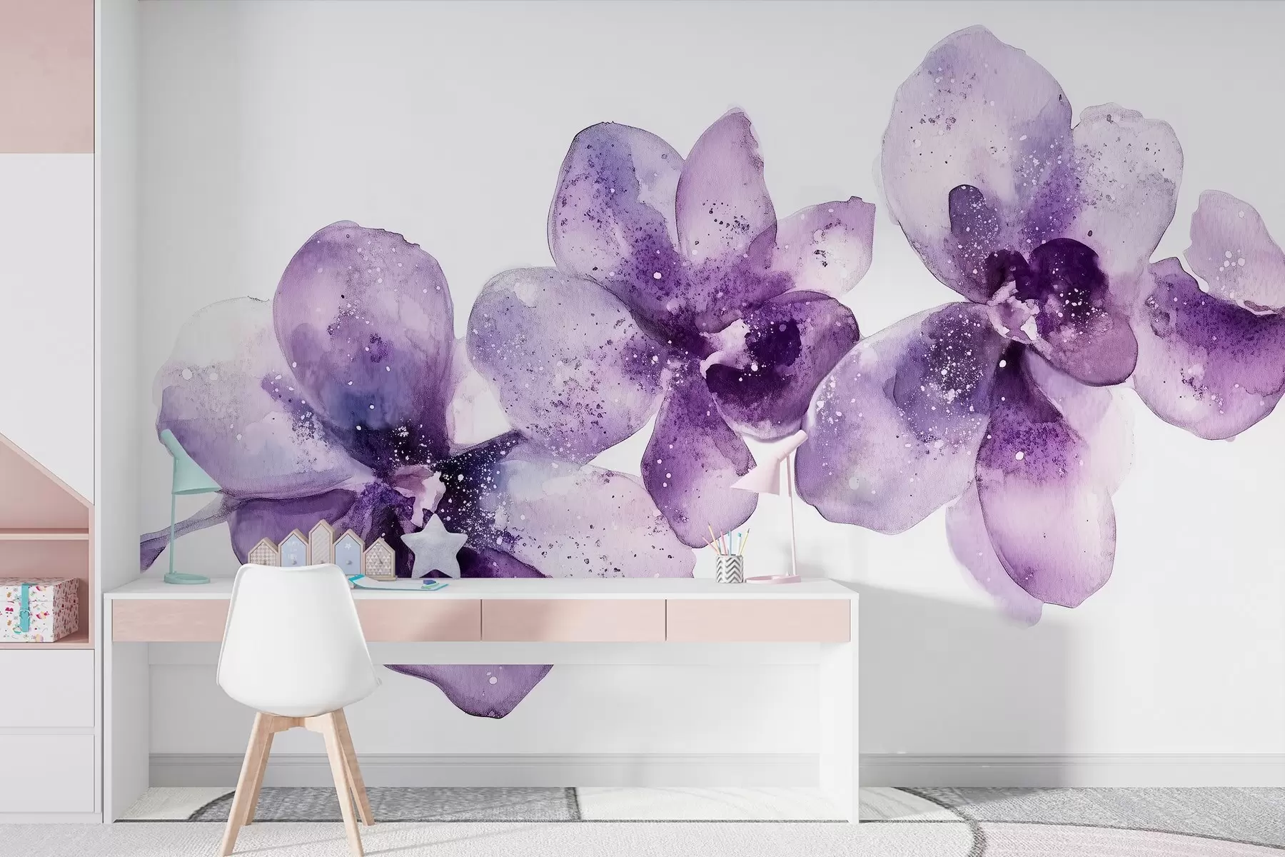 Fototapete Aquarell-Stil Orchidee Blumen, lila Farben w03163