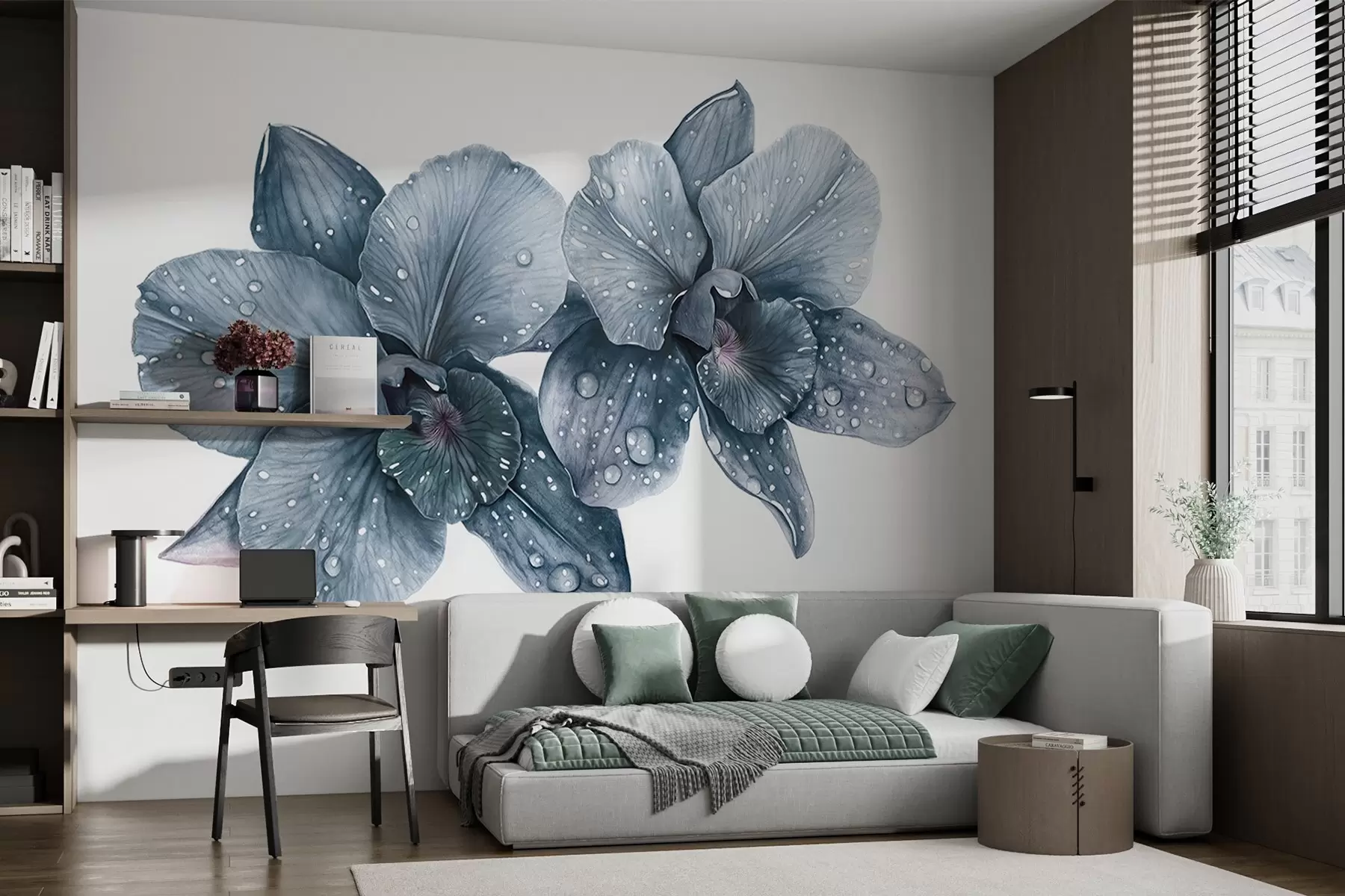 Fototapete Schöne Orchidee Blumen, Aquarell-Stil Zeichnung, blaue Farben w03164v2