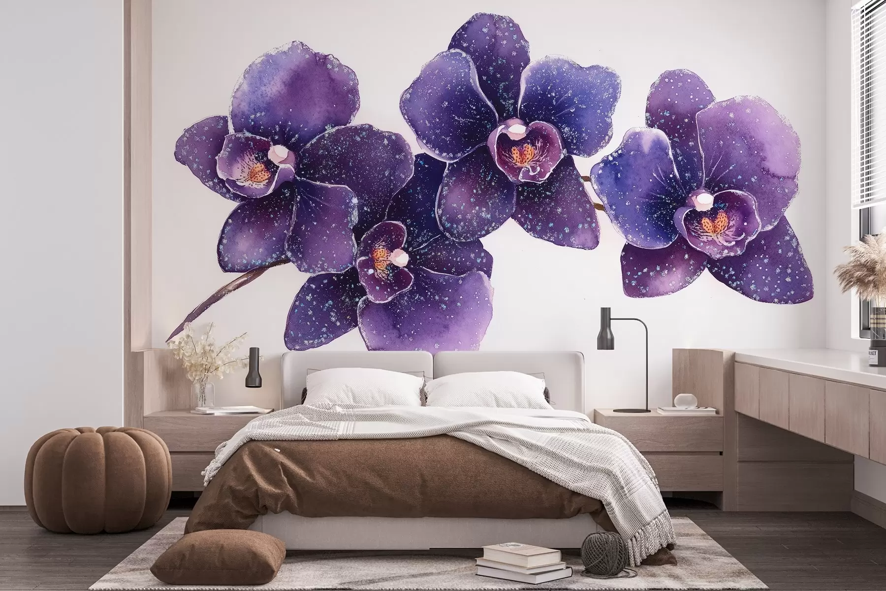Fototapete Orhid Blume Zweig, Aquarell-Stil, floral, lila Farben w03165