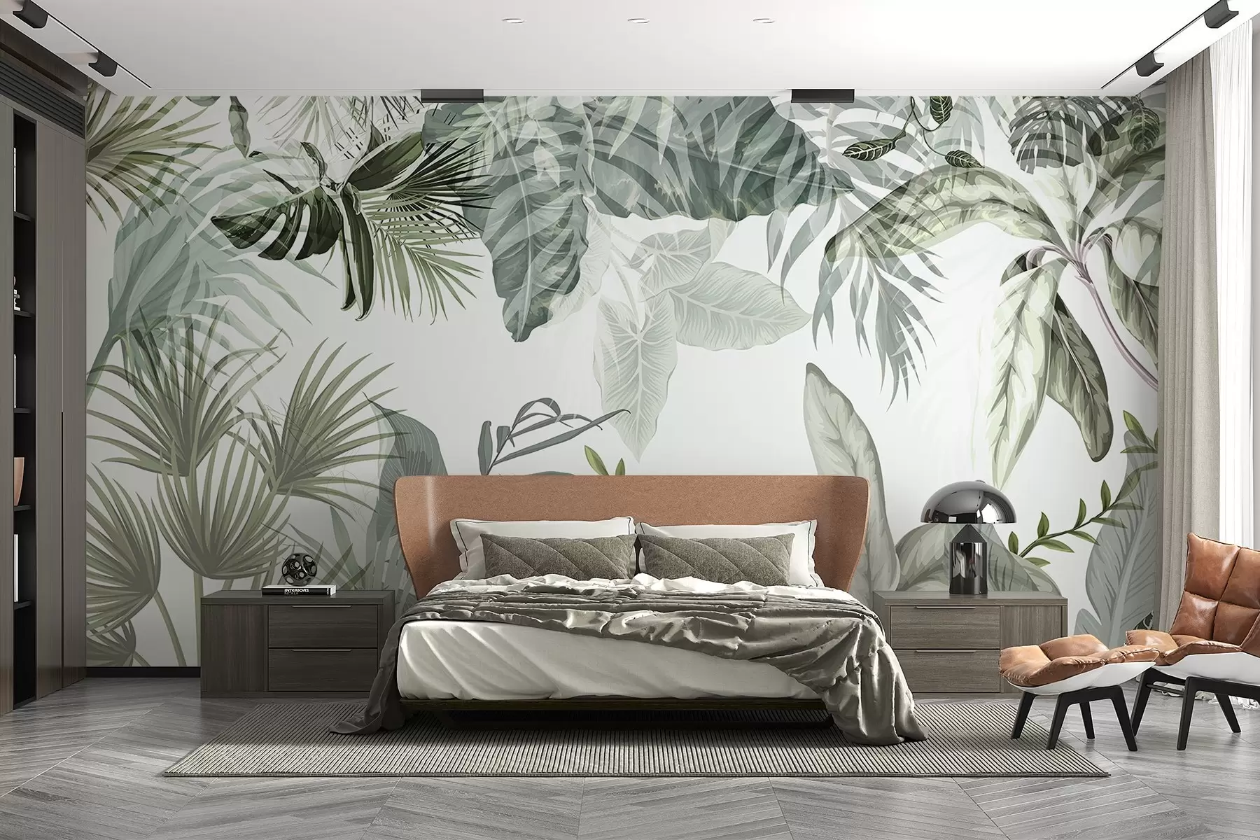 Fototapete Transparente tropische Blätter in Grüntönen auf weißem Hintergrund w08822