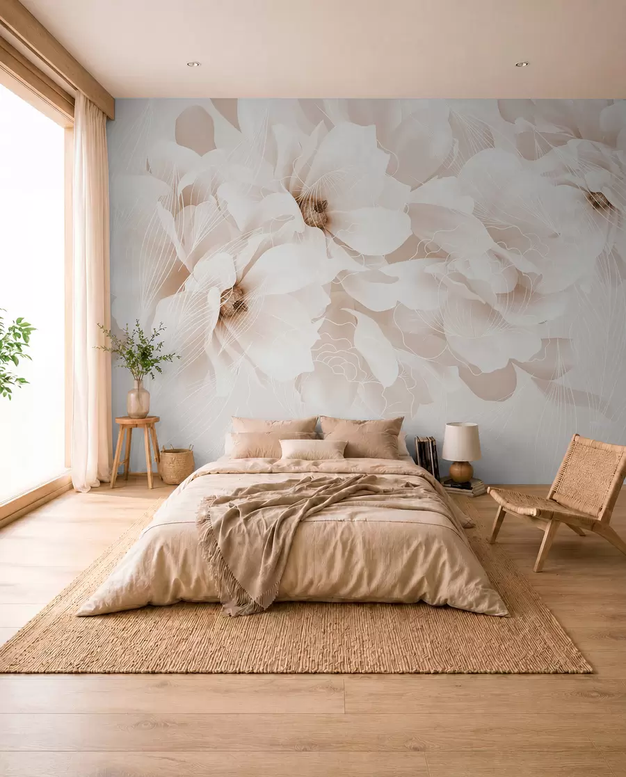 Fototapete Pastellfarbene Pfingstrosenblüten mit zarten weißen und beigen Blütenblättern und weißen Linien auf einem hellbeigen Hintergrund w08826v1