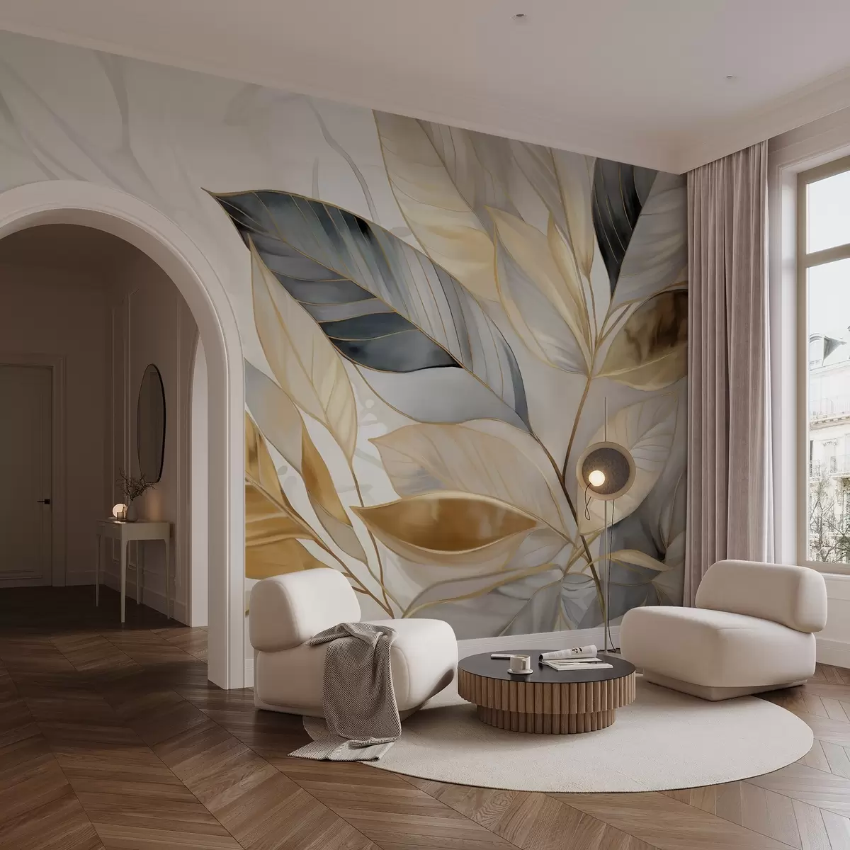 Fototapete Gelbe, graue und weiße zarte große Blätter auf einem weißen abstrakten strukturierten Hintergrund w08828