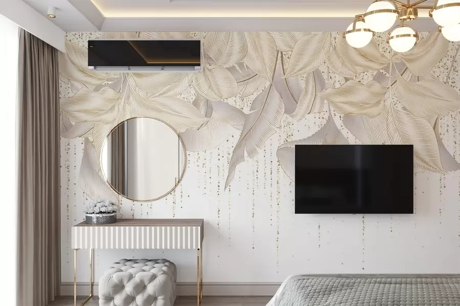 Fototapete Weiße detaillierte tropische Blätter und gelbe Punkte Textur auf einem weißen Hintergrund w08836