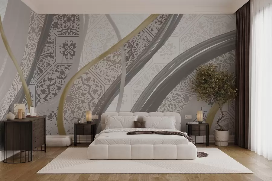 Fototapete Abstrakte Malerei mit geometrischen Mustern und geschwungenen Linien in beige, grau und gelben Farben w08837