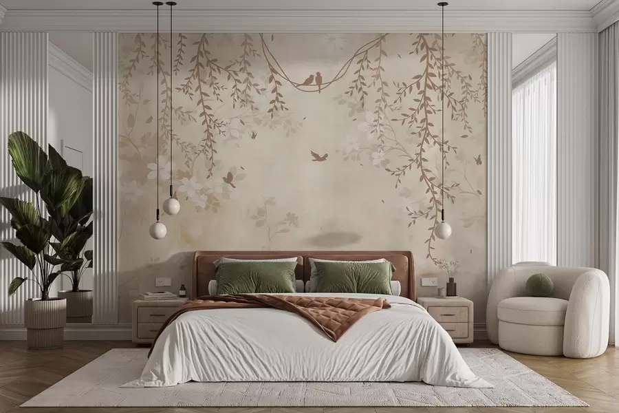 Fototapete Vögel mit Hängepflanzen und floralem Muster in hellen Beige-Creme-Tönen w08809