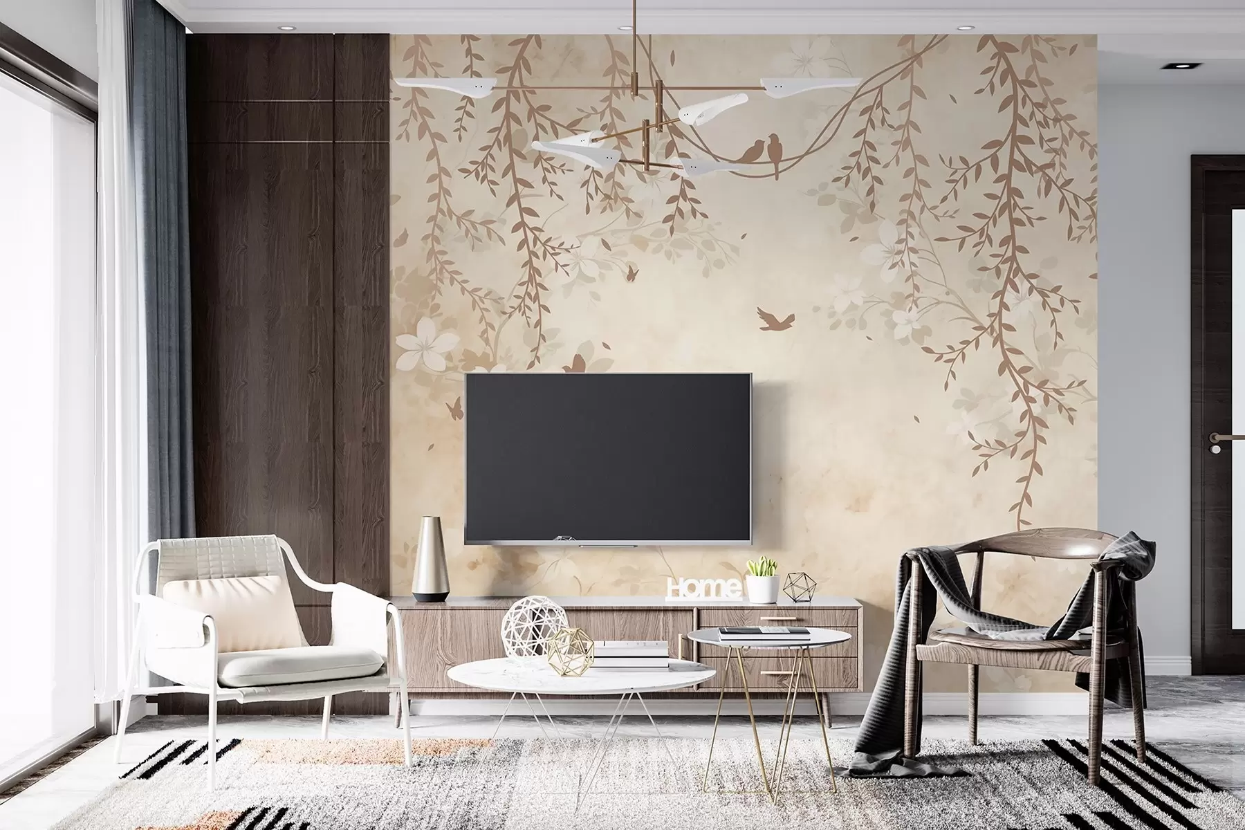 Fototapete Vögel mit Hängepflanzen und floralem Muster in hellen Beige-Creme-Tönen w08809