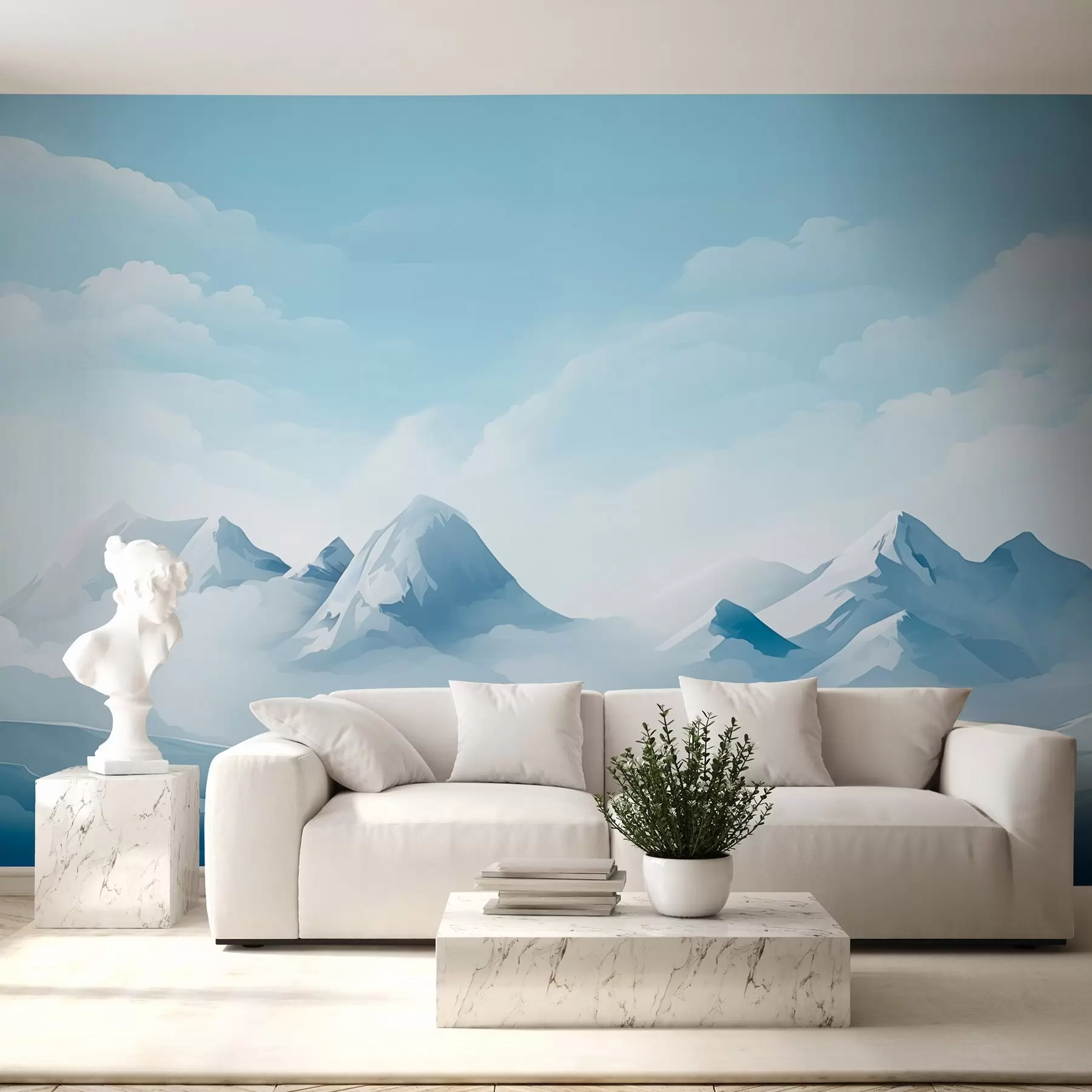 Fototapete Minimalistische blaue Wolken und Berge, eisiges Wetter w08811
