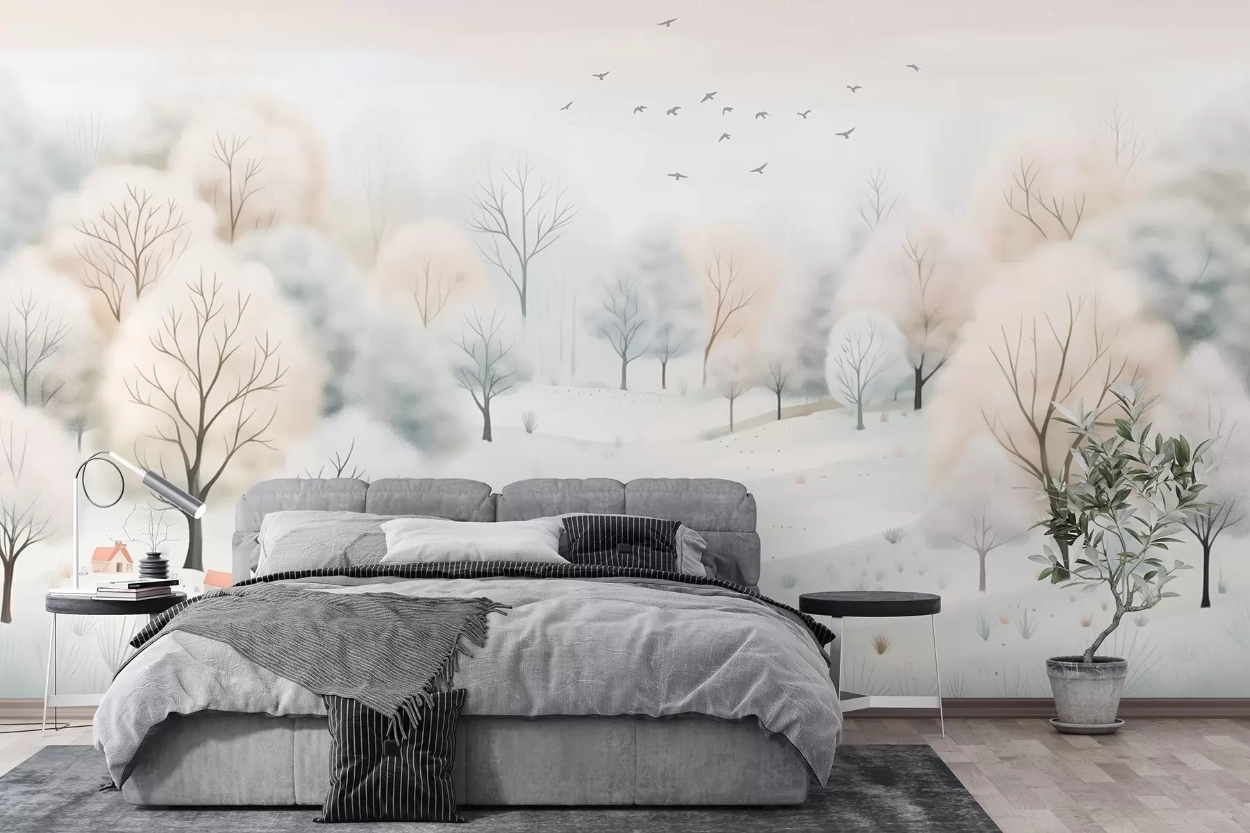 Fototapete Winterwald mit Bäumen, kleinen Häusern, Vögeln und Schnee in einem leichten Aquarellstil w08815