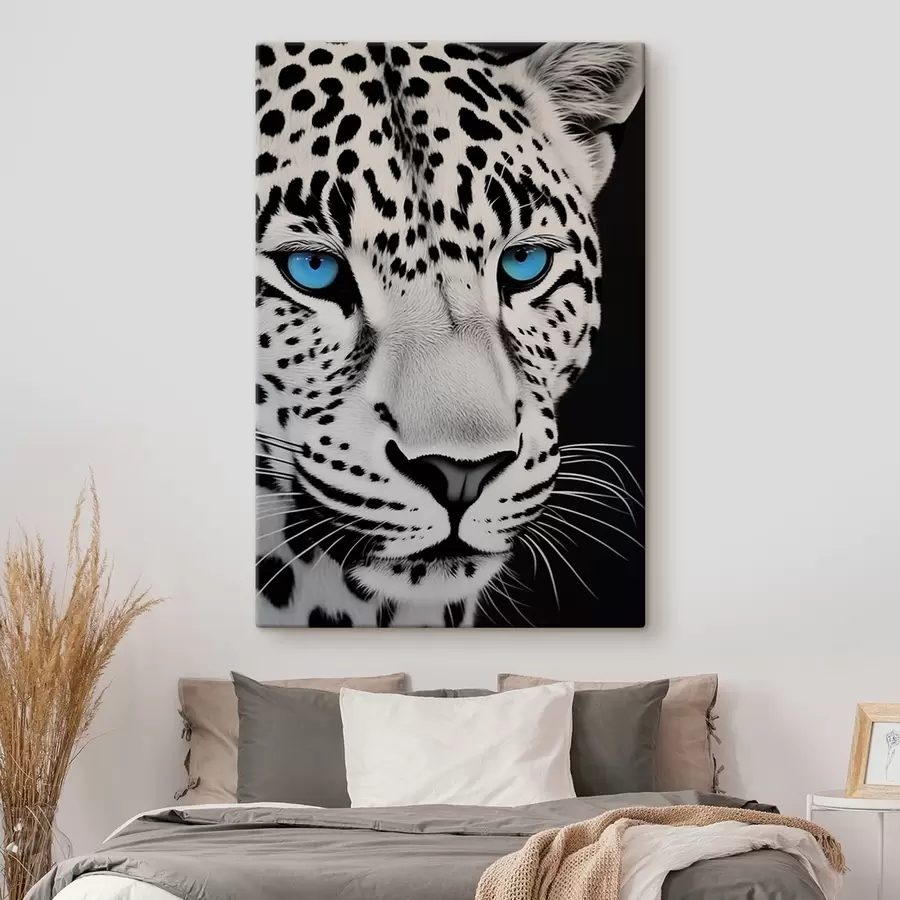 Wandbilder Schwarz-Weiß-Porträt eines Leoparden mit blauen Augen s43008