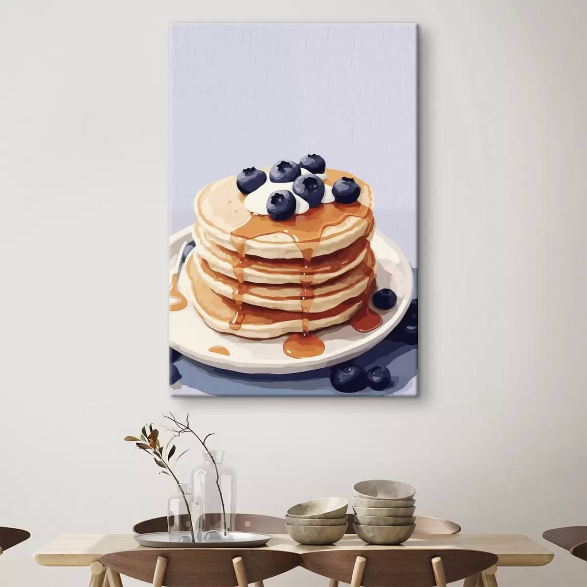 Wandbilder Pfannkuchen mit Sirup und Blaubeeren auf einem Teller s43009