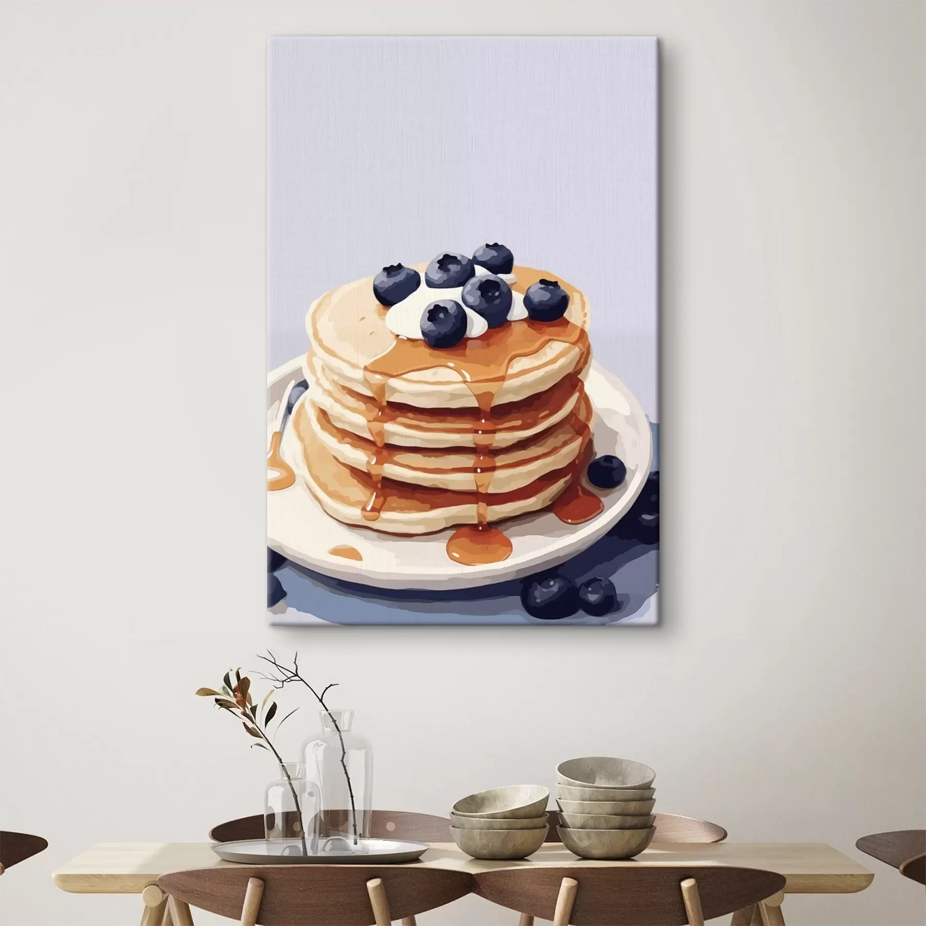 Wandbilder Pfannkuchen mit Sirup und Blaubeeren auf einem Teller s43009