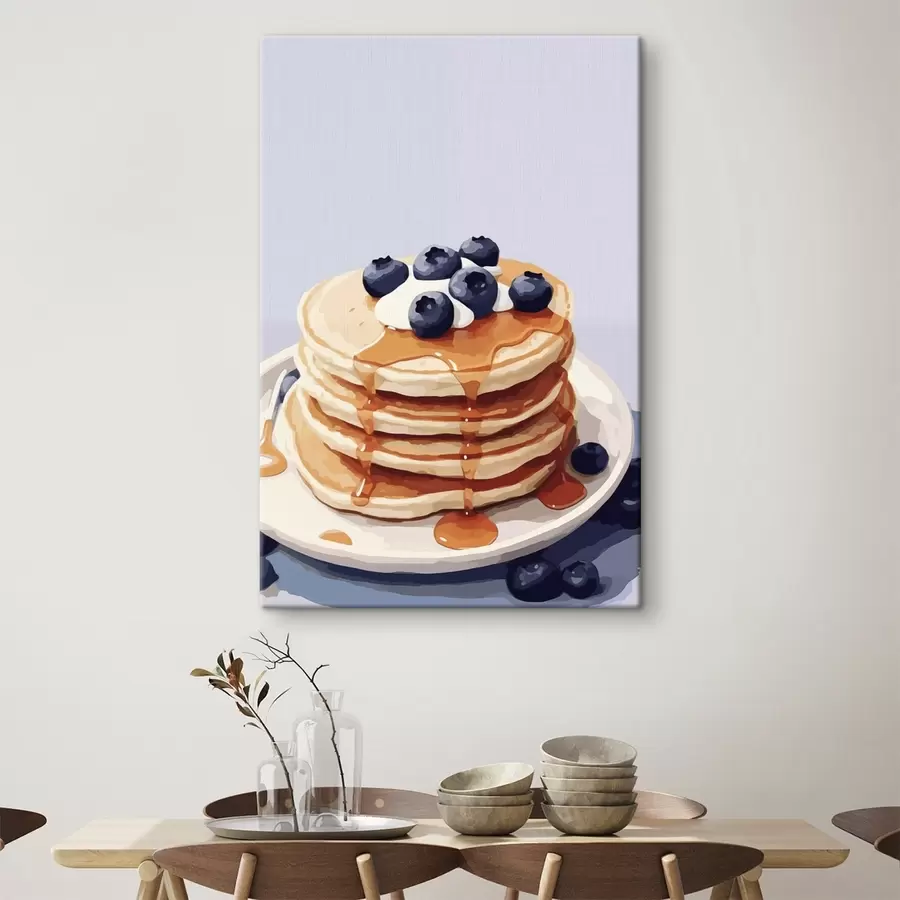 Wandbilder Pfannkuchen mit Sirup und Blaubeeren auf einem Teller s43009