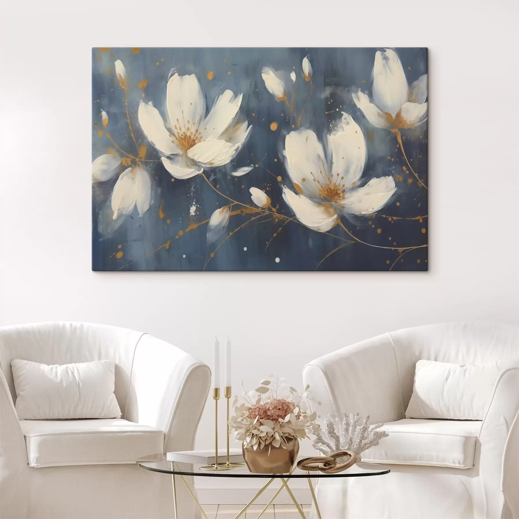 Fototapete Weiße Blumen auf blauem Hintergrund s43025