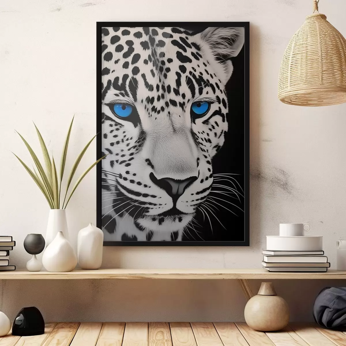 Poster Schwarz-Weiß-Porträt eines Leoparden mit blauen Augen f43008