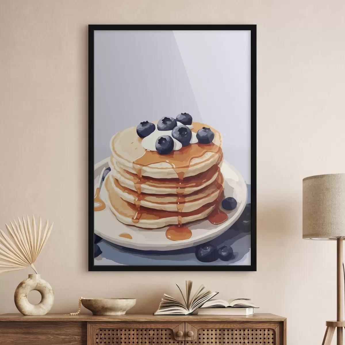 Poster Pfannkuchen mit Sirup und Blaubeeren auf einem Teller f43009
