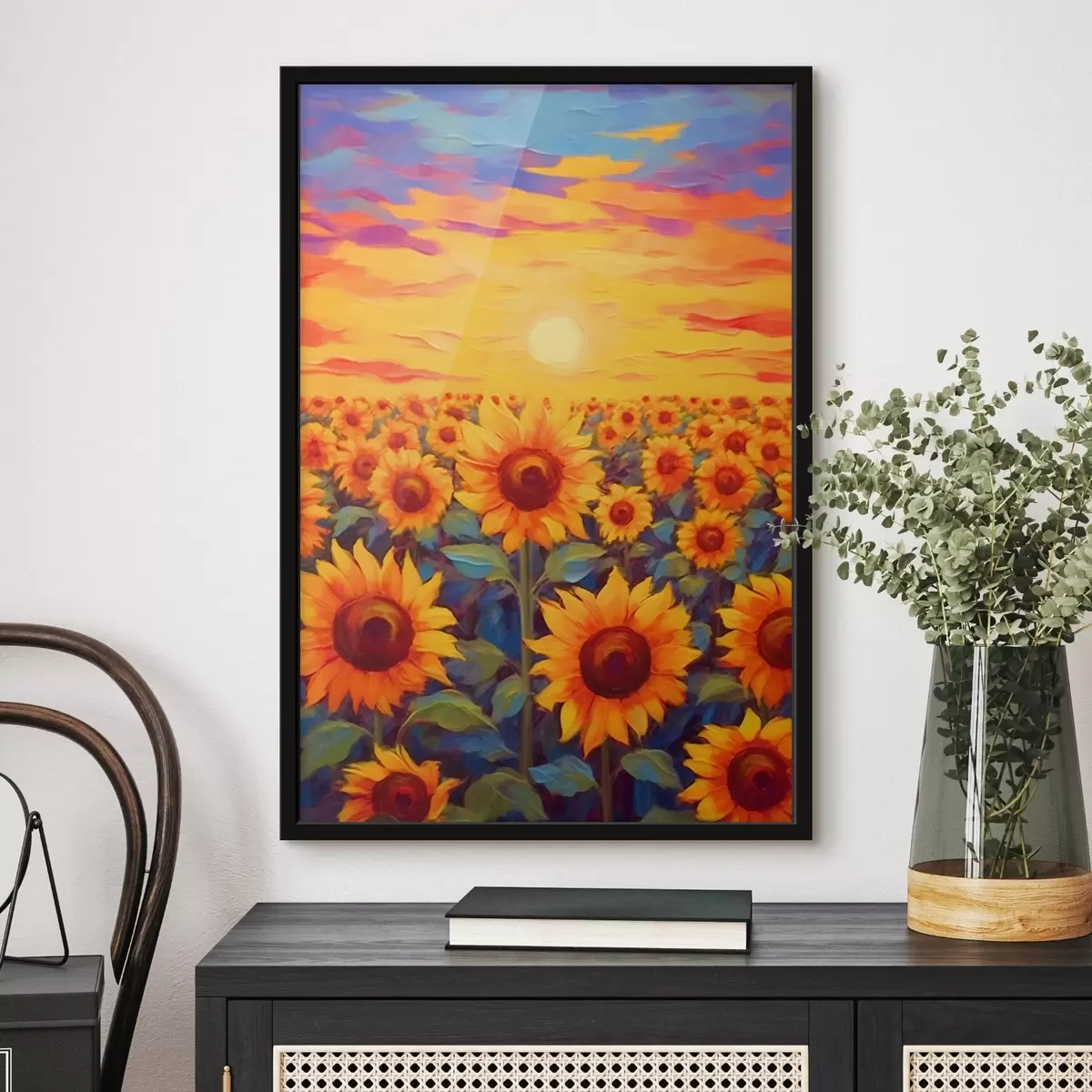 Poster Sonnenblumenfeld bei Sonnenuntergang f43010