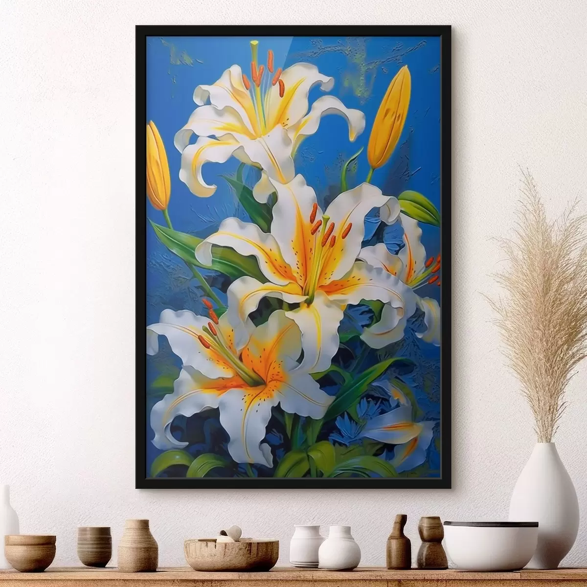 Poster Weiße Lilien auf blauem Hintergrund f43018