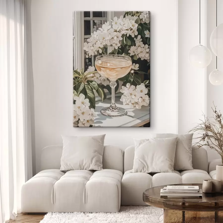 Wandbilder Glas Champagner, Vintage, Aquarellstil, weiße Blumen s43051