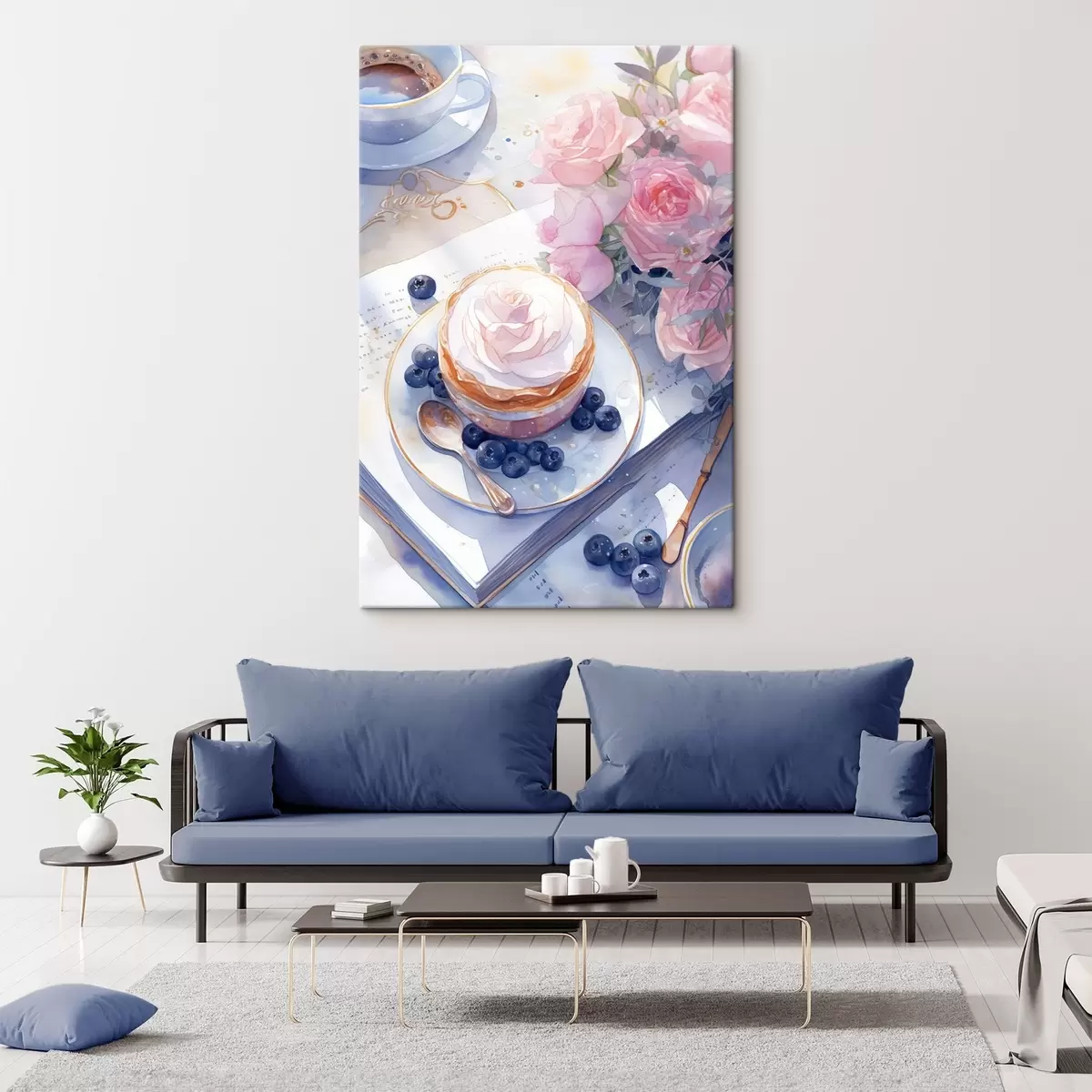 Wandbilder Blaubeer-Cupcake, Boho-Stil, Aquarell, rosa Rosen, poetisch s43053
