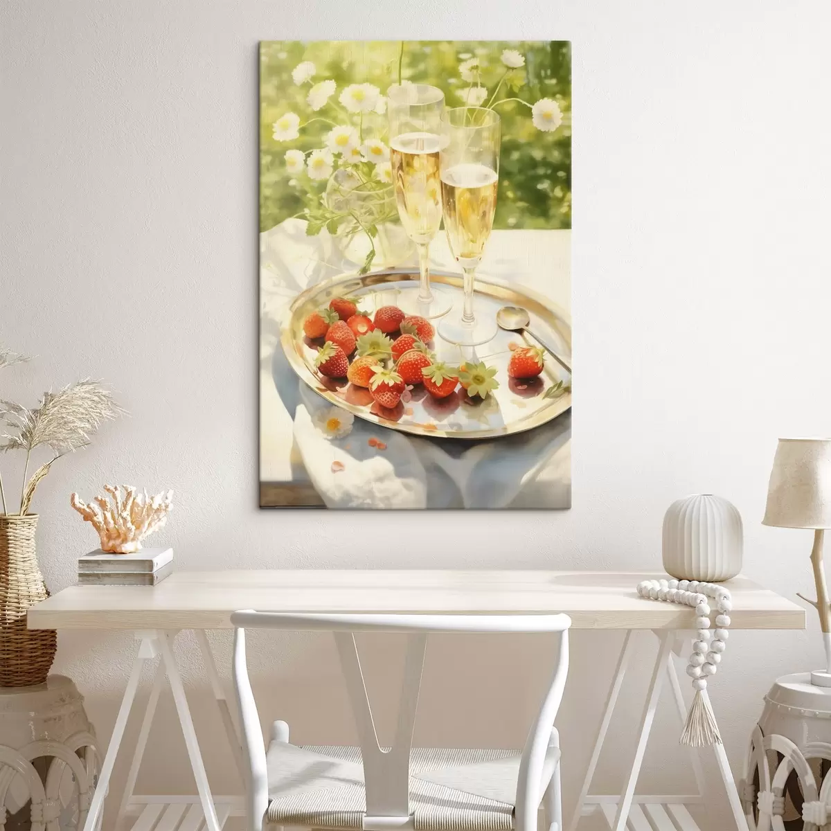 Wandbilder Champagnergläser mit Erdbeeren auf dem Tablett, Kamillenblüten, Sommer s43054