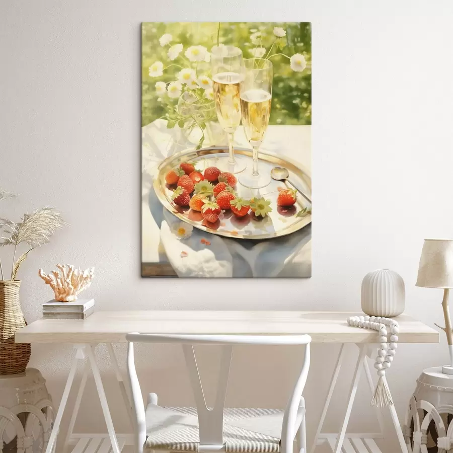 Wandbilder Champagnergläser mit Erdbeeren auf dem Tablett, Kamillenblüten, Sommer s43054