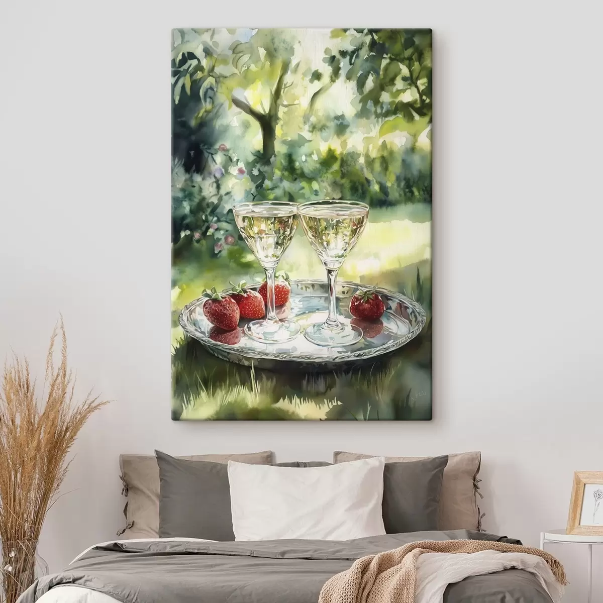 Wandbilder Sommerpicknick mit Sekt und Erdbeeren, Aquarellstilzeichnung s43055