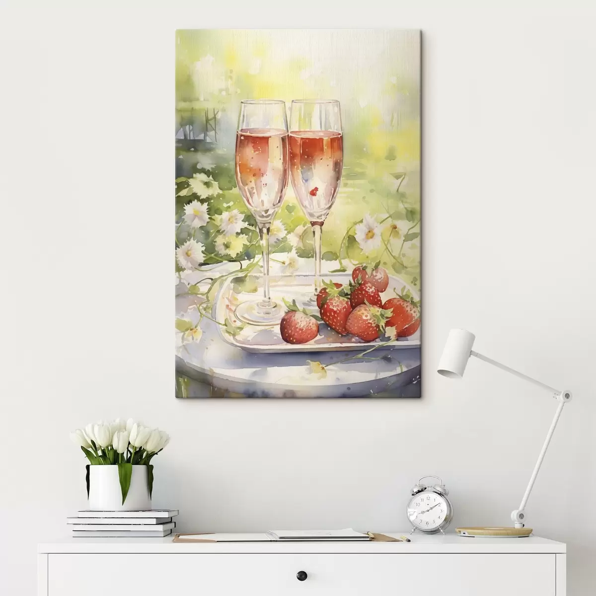 Wandbilder Aquarell-Stil Zeichnung von Champagner-Gläser, Blumen und Erdbeeren s43056